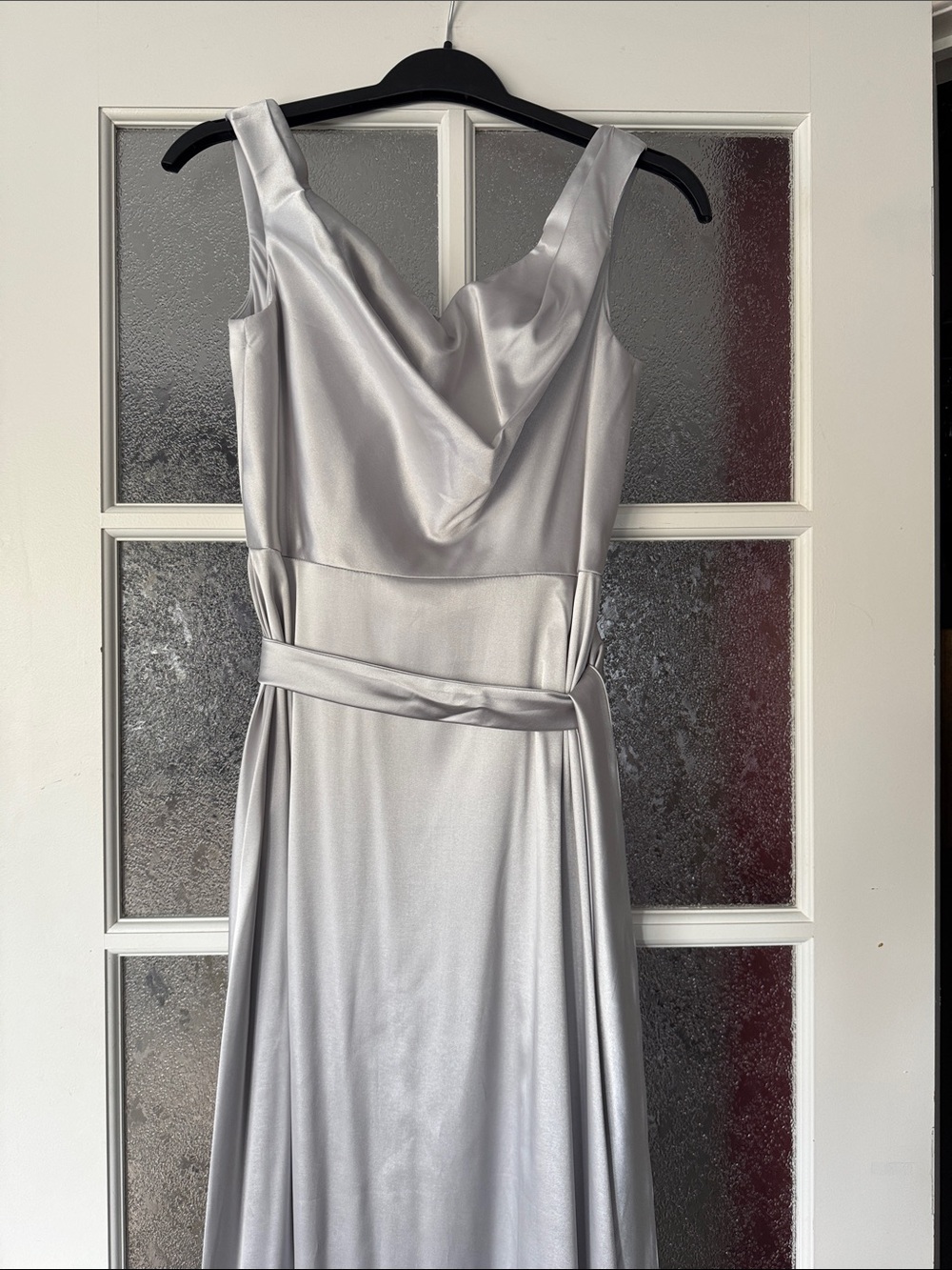 Silver Satin Cowl Neck Evening Dress